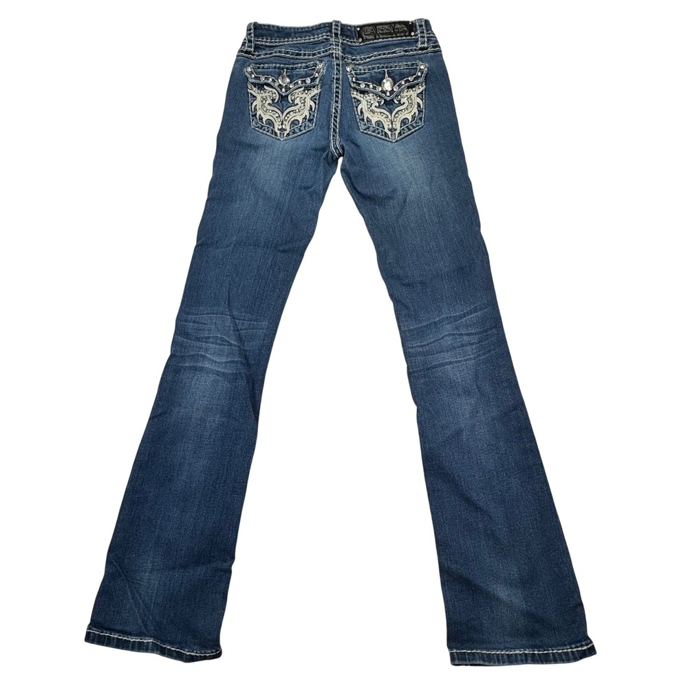 LA Idol USA Womens Bootcut Jeans Medium Wash Rhinestone Size 3 W28 L34